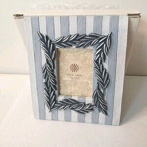 Blue Silver Leaf Border Striped Free Standing Picture Photo Frame Accent Decor